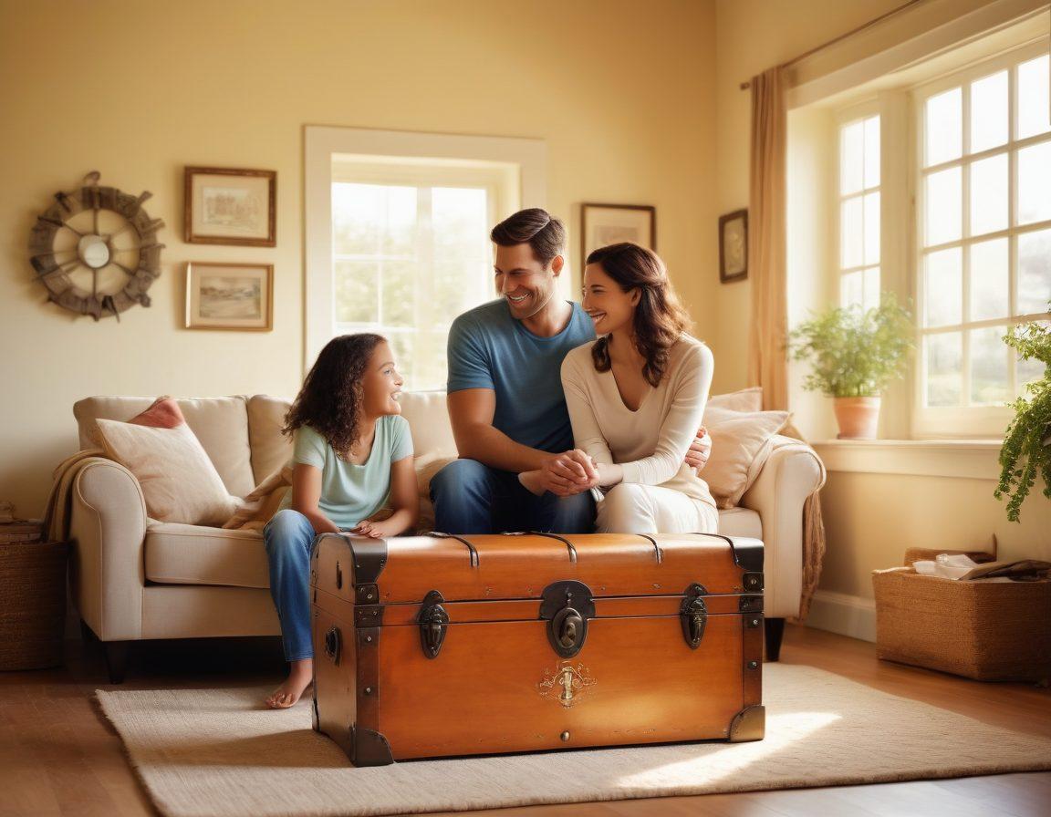 A beautiful family of four, smiling together in a cozy living room filled with sunlight, surrounded by diverse insurance symbols like medical, auto, and home icons gently hovering around them. The warmth of their bond is emphasized with soft, inviting colors, while a locked treasure chest signifying 'unlocking' stands prominently beside them. The background features a serene landscape, symbolizing peace of mind. vibrant colors. super-realistic.