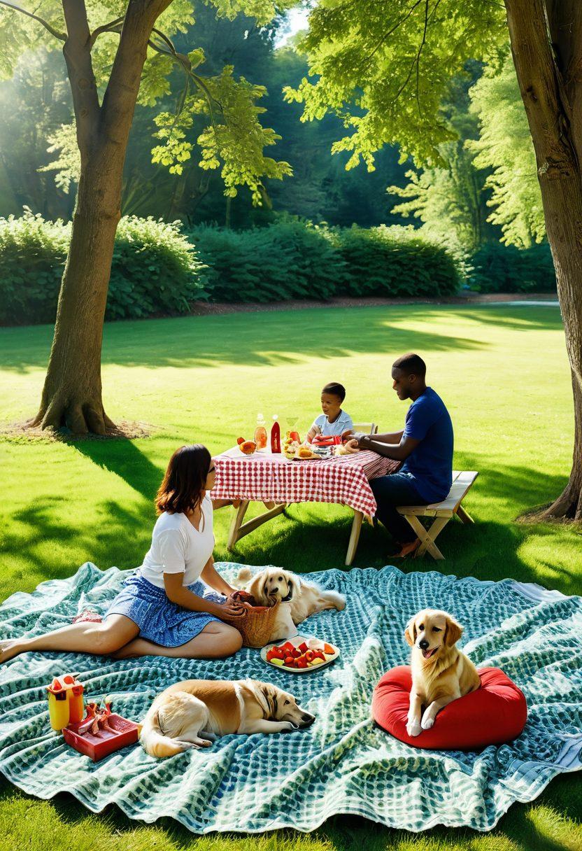 A serene park scene depicting a diverse couple and their children enjoying a picnic, surrounded by symbols of love and safety like heart-shaped cushions and an umbrella labeled 'Insurance'. Incorporate vibrant colors, gentle sunlight filtering through trees, and playful details like a family pet. The atmosphere should exude warmth, trust, and connection. super-realistic. vibrant colors. 3D.