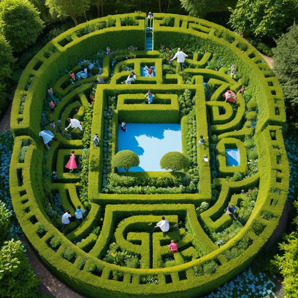 A whimsical maze crafted from green hedges, with a couple navigating through it hand-in-hand, looking determined yet playful. Floating icons of various insurance symbols like shields, health crosses, and home silhouettes surround the maze, symbolizing tailored solutions. The scene is bathed in warm, inviting sunlight to evoke a sense of hope and guidance. whimsical illustration. vibrant colors. clear blue sky.